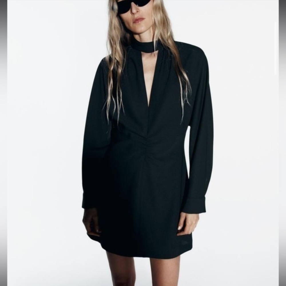 Zara NWT black long sleeve choker mini dress